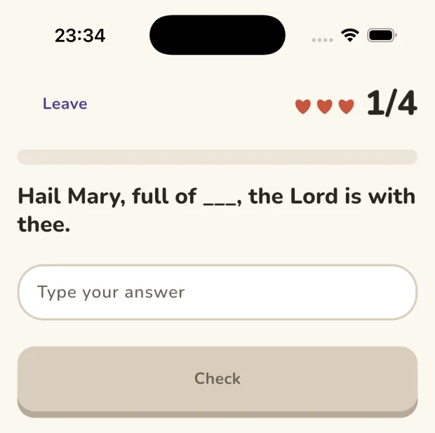 A quiz round in Sheaf: three hearts, question one of four, and the line
               "Hail Mary, full of ___, the Lord is with thee" to fill in.