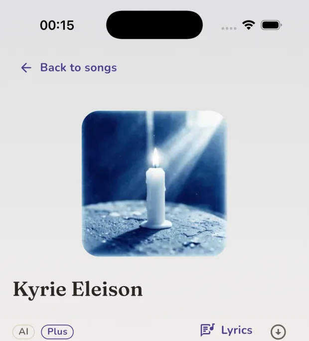A song playing in Sheaf: cover art, the title Kyrie Eleison, and an AI mark beside
               it on the screen it is played from.